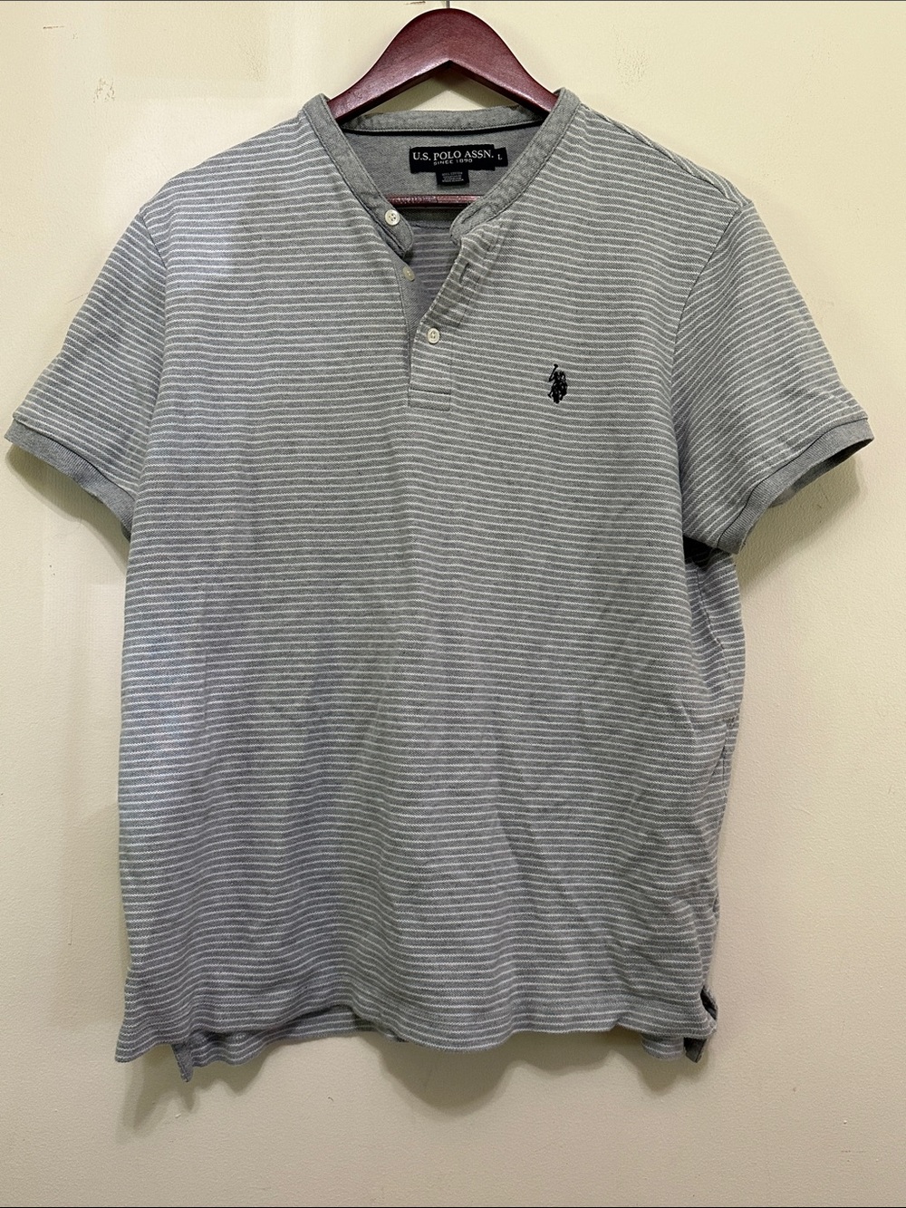 U.S. Polo Assn. Gray and White Striped Henley Polo